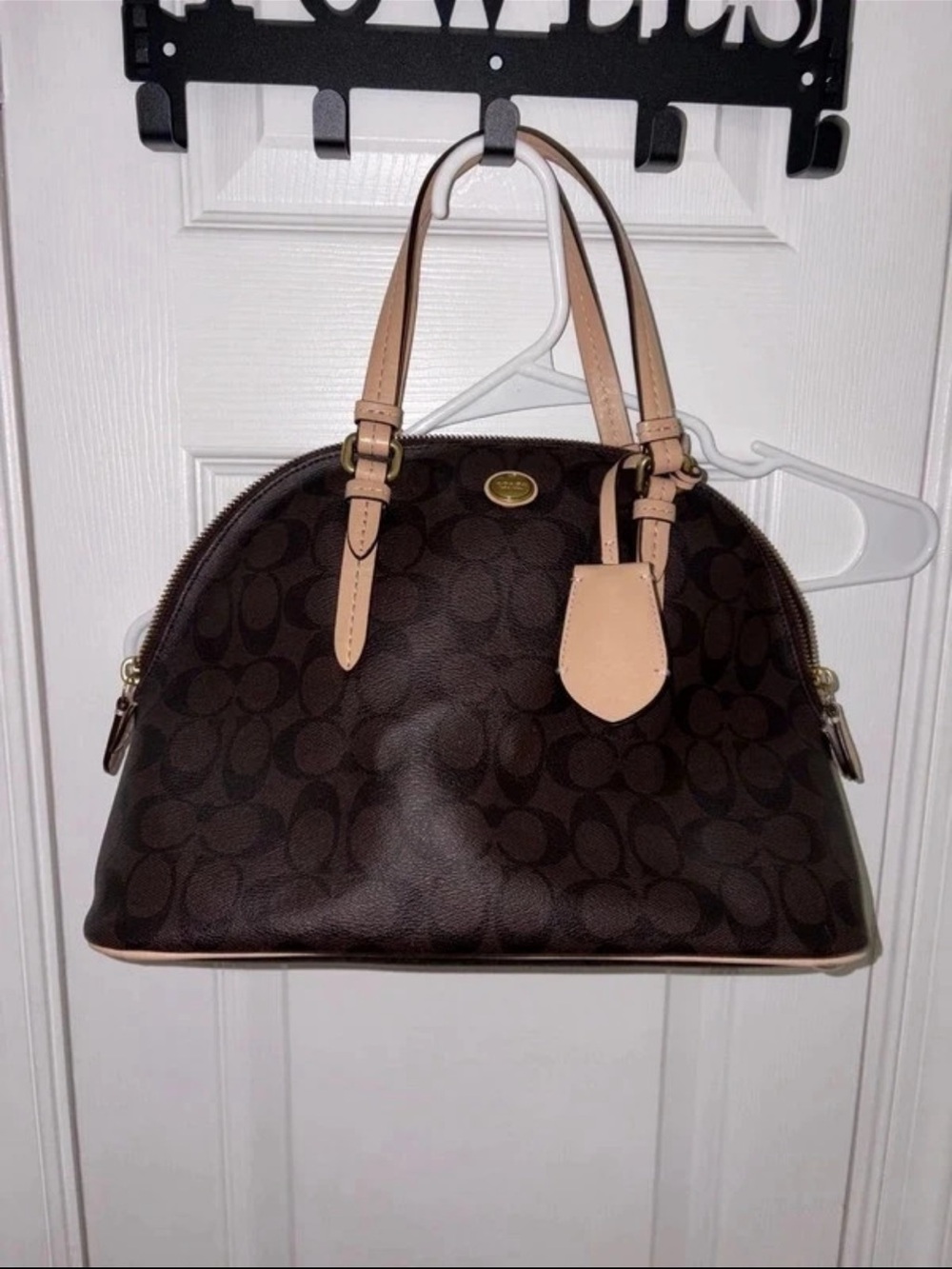 Coach Brown Signature Dome Satchel with Natural Leather Trim